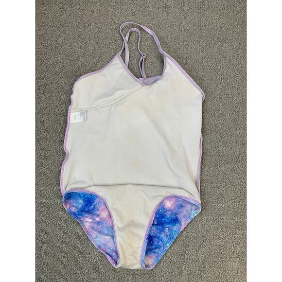 Girls One Piece Swimsuit Blue Purple Galaxy Print Ruffle Adjustable Straps Large - Picture 6 of 7